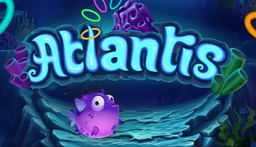 Atlantis logo with pufferfish mascot and coral reef decoration