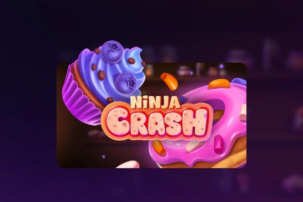 Ninja Crash title screen over a pink and blue dessert background