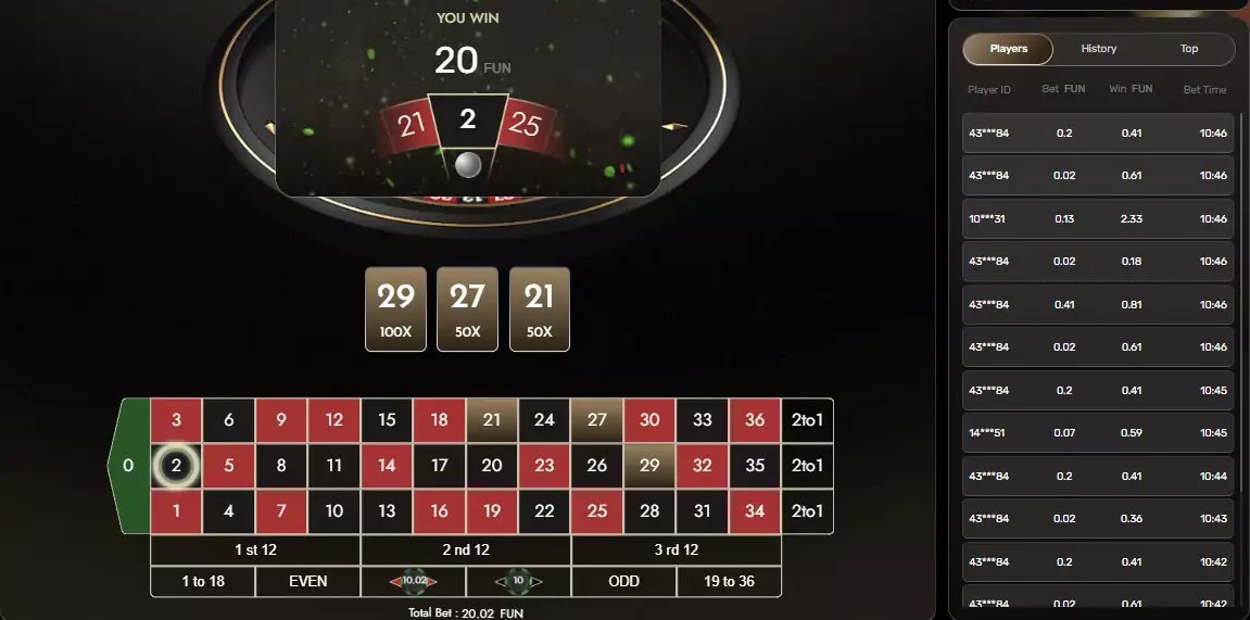 Roulette X betting table showing a win of 20 credits on number 2