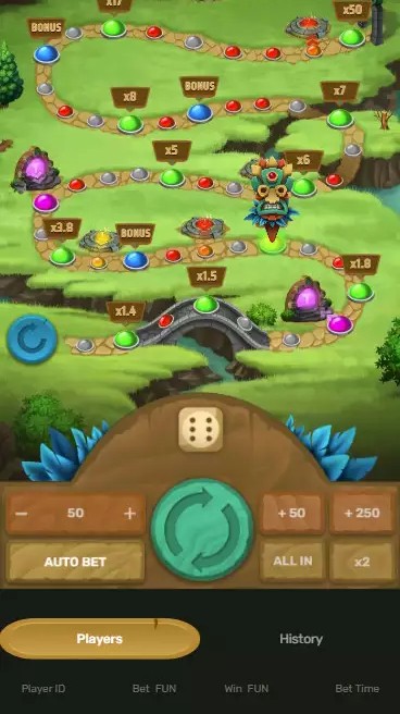 Totem gameplay showing a jungle path board with dice controls and multiplier zones from x1.4 to x50